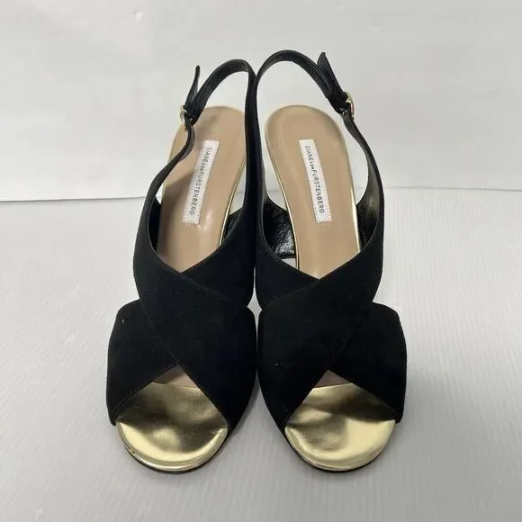 Diane von Furstenberg Vick Cross Sandals Size 9 Suede Leather Gold Heel Italy - Picture 3 of 9